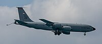 A KC-135R Stratotanker, tail number 62-3565, on final approach at Kadena Air Base in Okinawa, Japan in March 2020. It is assigned to the 909th Air Refueling Squadron at Kadena AB.