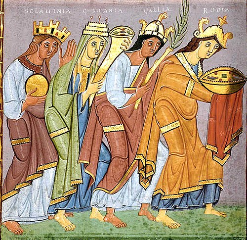 Personifications of Sclavinia, Germania, Gallia, and Roma, bringing offerings to Otto III; from a gospel book dated 990.