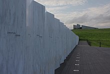 Beamer's name appears on the third panel at the Flight 93 National Memorial, seen here with the visitor center in the background. A442, Flight 93 National Memorial, Stonycreek Township, Pennsylvania, USA, memorial wall of names.jpg