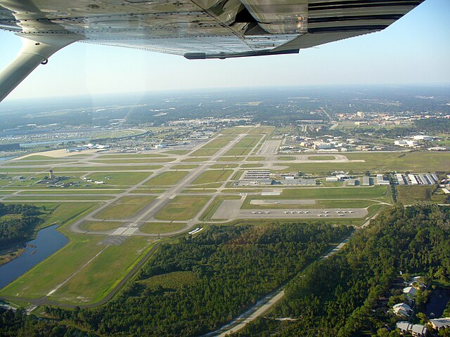 Aerial view of runway 34, November 3, 2007. The speedway can be seen on the left.