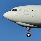 The bulge under the A330-200F nose corrects the inherent nose-down attitude of passenger versions.[66]