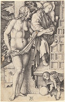 The Dream of the Doctor (Temptation of the Idler) by Albrecht Dürer 1498/1499. "The devil is using bellows to blow thoughts of vice into the lazy man's ear, as the medieval proverb warns: 'Sloth is the devil's ear'" while "Cupid, mounting a pair of stilts, tries to climb onto the wobbly sphere of fortune".[27]