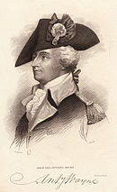 Print of a man looking to the left. He wears a tricorne hat with a large cockade and a dark military uniform with light-colored turnbacks and epaulettes