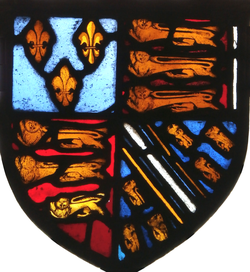 Arms of Thomas of Woodstock quartering arms of his father-in-law Humphrey de Bohun, 7th Earl of Hereford (1341-1373), father of his wife Eleanor de Bohun (c. 1366-1399). Royal Arms of England within the 4th quarter the arms of Bohun (Azure, a bend argent cotised or between six lions rampant or). 15th-century stained glass, west window, St Peter's Church, Tawstock, Devon. Tawstock was a seat of William Bourchier, jure uxoris Baron FitzWarin (1407-1470) (a descendant of Thomas of Woodstock's daughter Anne of Gloucester), who had married the heiress of Tawstock ArmsThomasOfWoodstock QuarteringBohun TawstockChurch.PNG