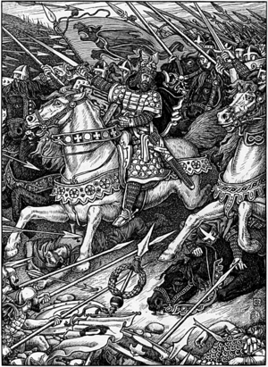 Arthur johtaa ratsuväkihyökkäystä Mount Badonin taistelussa. Kuvitusta kirjaan Idylls of the King.
