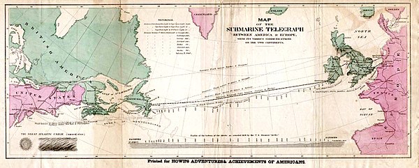 A map showing the route of the first transatlantic cable laid to connect North America and Europe.