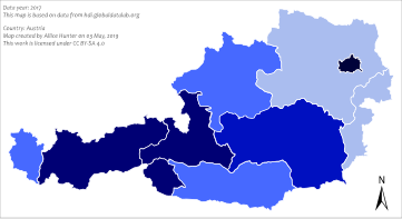 Map of Austrian states by Human Development Index in 2017.
Legend:
.mw-parser-output .legend{page-break-inside:avoid;break-inside:avoid-column}.mw-parser-output .legend-color{display:inline-block;min-width:1.25em;height:1.25em;line-height:1.25;margin:1px 0;text-align:center;border:1px solid black;background-color:transparent;color:black}.mw-parser-output .legend-text{}
> 0.930
0.920 - 0.930
0.900 - 0.920
0.890 - 0.900
< 0.890 Austrian states by HDI (2017).svg
