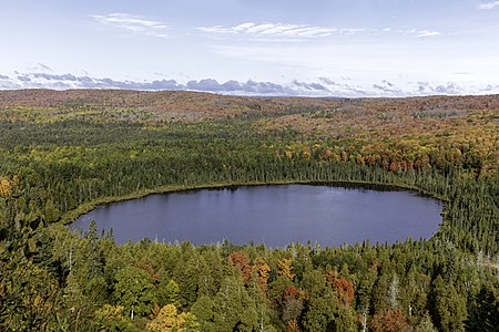 Autumn leaves around Oberg Lake viewed from the Oberg Mountain Trail Head in Tofte, Minnesota