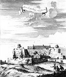 lithograph of a castle in Axim Axim Litho 1709.jpg