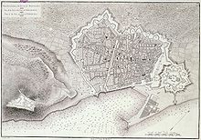 Plan of Barcelona (c. 1806) showing the city in the centre, flanked by the Citadel to the right and Montjuic Castle to the left. Published in Voyage de l'Espagne by Alexandre de Laborde. Paris, 1806-1820. BNE.Barcelona.planos.1806.jpg