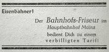 Werbung des Bahnhofs-Friseurs, 1949