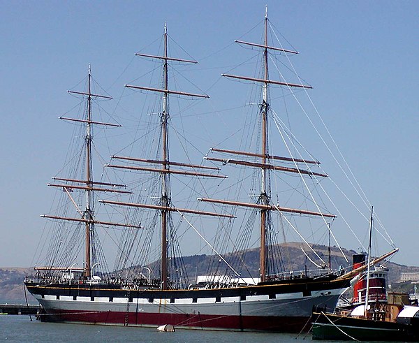 This photo of the full-rigged ship Balclutha, shows the fore-mast, main-mast and mizzen-mast, as well as all the ship's standing and running rigging. 
