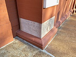 The cornerstone of the new church, which began construction in 1897 Basilica of the Sacred Heart of Jesus, Atlanta, GA (32532261667).jpg