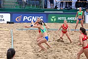 Deutsch: Beachhandball Europameisterschaften 2019 (Beach handball Euro); Tag 4: 5. Juli 2019 – Frauen, Viertelfinale, Kroatien-Ukraine 2:0 (21:20, 21:18) English: Beach handball Euro; Day 4: 5 July 2019 – Quarter Final Women – Croatia-Ukraine 2:0 (21:20, 21:18)