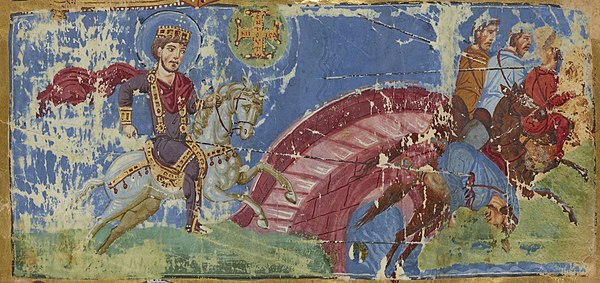 Detail from a 9th-century Byzantine manuscript. Constantine defeats Maxentius at the Milvian Bridge; the vision of Constantine is a Greek cross with ἐ