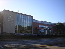 The newspaper's Morrissey Boulevard headquarters in Dorchester in September 2009. In 2017, the newspaper moved its printing operations to Taunton and its headquarters to Downtown Boston. Boston Globe building Sept 2009.jpg