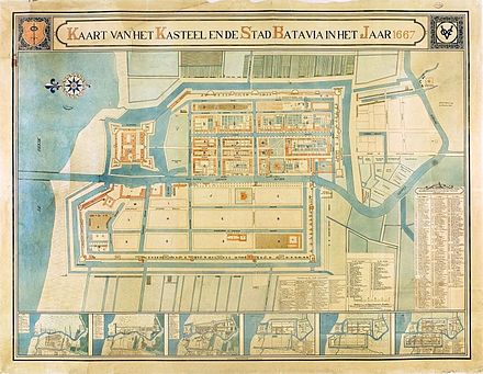 A map showing the transformation of the mouth of Ciliwung into canals flowing through the inner city and moat flowing around the city and the fort of Batavia. COLLECTIE TROPENMUSEUM Kaart voorstellende het Kasteel en de Stad Batavia in het jaar 1667 TMnr 496-2.jpg