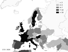 COVID-19 death per infected in Europe.svg