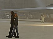 Samuel L. Jackson as a de-aged Nick Fury, along with Brie Larson, who portrays Carol Danvers, on set during the filming of Captain Marvel at Edwards Air Force Base, California, April 20, 2018 Captain Marvel filming at Edwards AFB crop.jpg