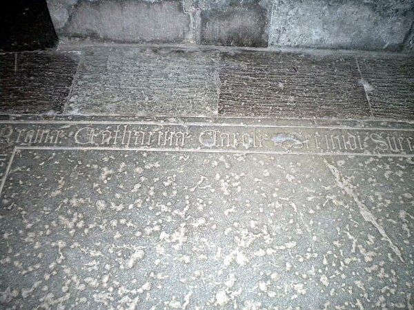 Detail of Queen Catherine's gravestone at Vadstena Abbey, where her husband the king is called Carl II.