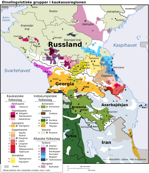 Etnolingvistisk kart over Kaukasus.