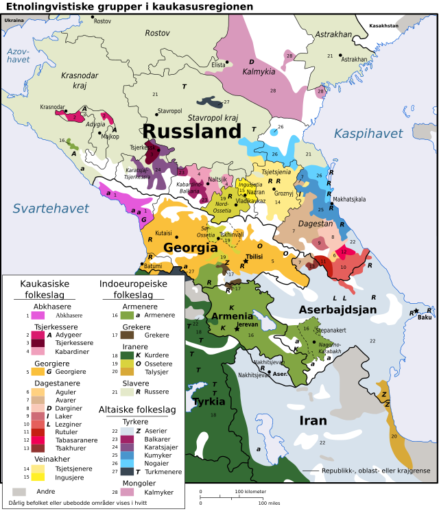Etnolingvistisk kart over Kaukasus.
