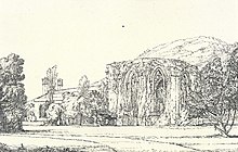 A pencil drawing showing an image of the Chapter House, with trees in the foreground.