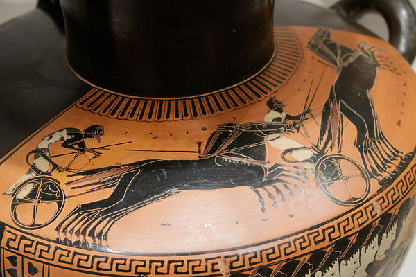 Chariot racing on a black-figure hydria from Attica, ca. 510 BC