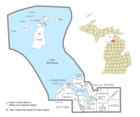 U.S. Census data map showing local municipal boundaries within Charlevoix County.  Shaded areas represent incorporated cities.