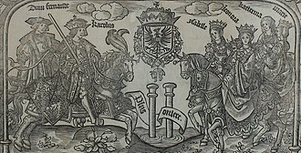 The six children of Joanna and Philip: Ferdinand, Charles, Isabella, Eleanor, Catherine and Mary; woodcut by Jan van Nieulandt, 1520s Children of Joanna and Philip.JPG