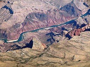 View from Comanche Point. Tanner Rapid and Tanner Graben, photo, bottom-left, showing 1-southeast cliff-face, 2-northeast side, and 3-upper surface of graben.