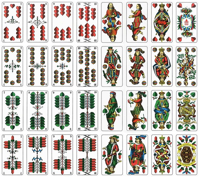 A typical German Suited playing card deck that uses 32 cards. Playing cards  are very diverse around the world and these are a fine edition to any  collectors collection. : r/playingcards