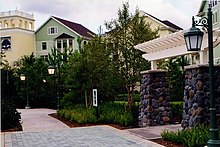 A view of Congress Park, the first phase of Disney's Saratoga Springs Resort & Spa which opened in May 2004. Congress Park, Disney's Saratoga Springs Resort and Spa.jpg