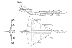 Orthographically projected diagram of the B-58 Hustler.