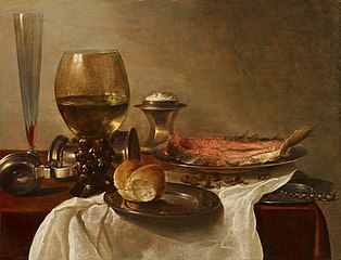 Still life with glass, bread and salmon