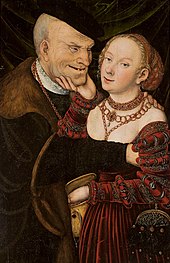 The ill-matched couple, by Lucas Cranach (c. 1550), National Museum in Warsaw Cranach Ill-matched couple.jpg