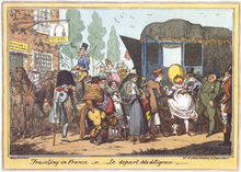 Traveling in France or Le depart de la diligence; drawing by George Cruikshank (1818) Cruikshank - Traveling in France.png