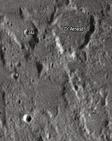D'Arrest crater and its satellite craters taken from Earth in 2012 at the University of Hertfordshire's Bayfordbury Observatory with the telescopes Meade LX200 14" and Lumenera Skynyx 2-1 DArrest lunar crater map.jpg