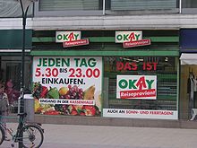 A convenience store at a Vienna train station selling Reiseproviant (travel provisions), the usual code for expanded opening hours Das ist okay.JPG