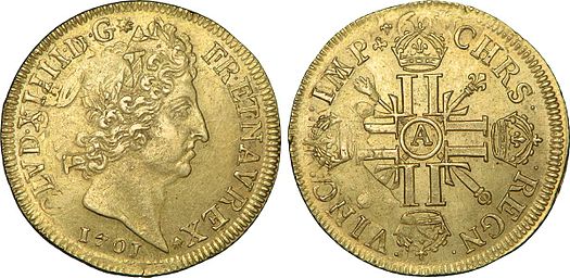 A 1701 gold Louis d'or, overstruck using Castaing's method. An older 1690s date is visible on the reverse. Double louis d'or aux huit L et insignes a l'effigie de Louis XIV.jpg