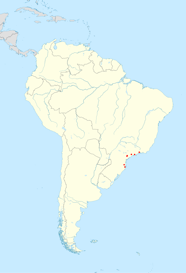 Localidades (em vermelho) onde foram coletados exemplares da espécie.