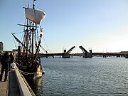 Replica of 17th C Dutch vessel Duyfken with Birkenhead Bridge raised, 20 May 2006