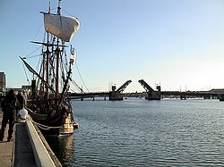 Replica 17th-century Dutch vessel Duyfken at Port Adelaide, with Birkenhead Bridge raised in May 2006