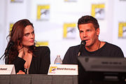 Deschanel with David Boreanaz at the Bones panel at the 2012 Comic-Con International (13 July 2012)