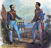 The "Guayaquil Conference" was the meeting between the two main Spanish South American independence leaders. In it the form of government of the nascent countries was discussed, San Martin opted for a unified South America in the form of a monarchy, while Bolivar opted for the same but into a republic. 1843 painting. Entrevista de Guayaquil.jpg
