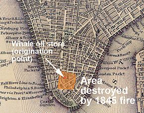Shows the area of Lower Manhattan destroyed by the Great New York City Fire of 1845. Based on an 1847 map of Lower Manhattan. Extent of Great New York City Fire of 1845.jpg