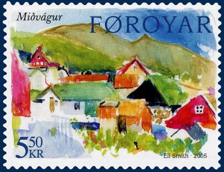 This 2005 stamp of the Faroe Islands is a typical example of modern stamp design: minimal text, intense color, artistic rendering of a country-specific subject.