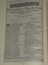 Faksimil av första sidan i The Second Part of King Henry the Fourth från First Folio, publicerad 1623