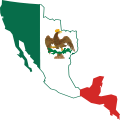 Image 80Flag and coat of arms of the Mexican Empire superimposed a map of its territorial limits. Note the crown on the eagle. (from History of Mexico)