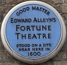 Plaque in Fortune Street, London FortuneTheatreBluePlaque.jpg